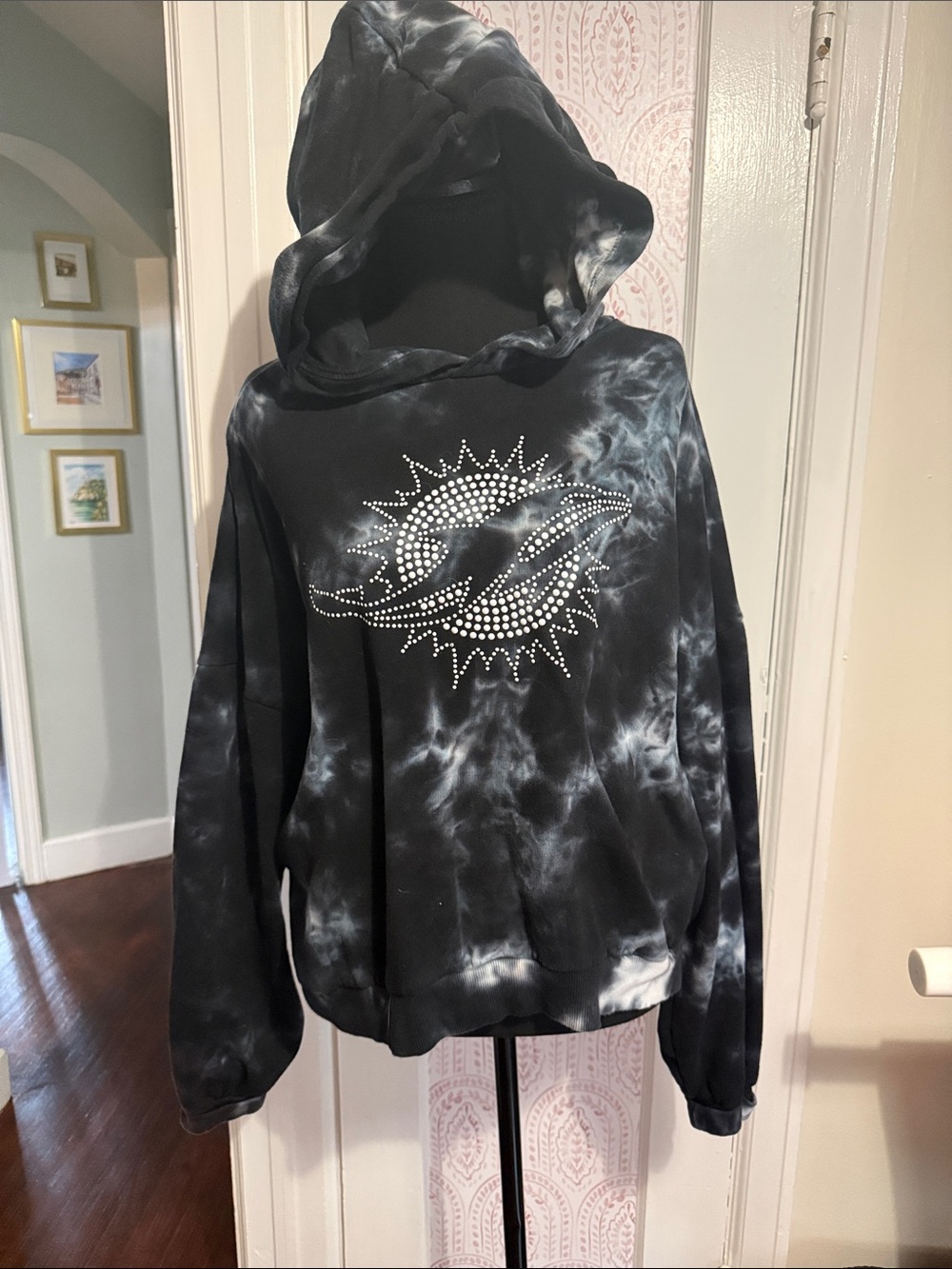 Miami Dolphins Black Tie-Dye Hoodie with Studded Dolphin Design